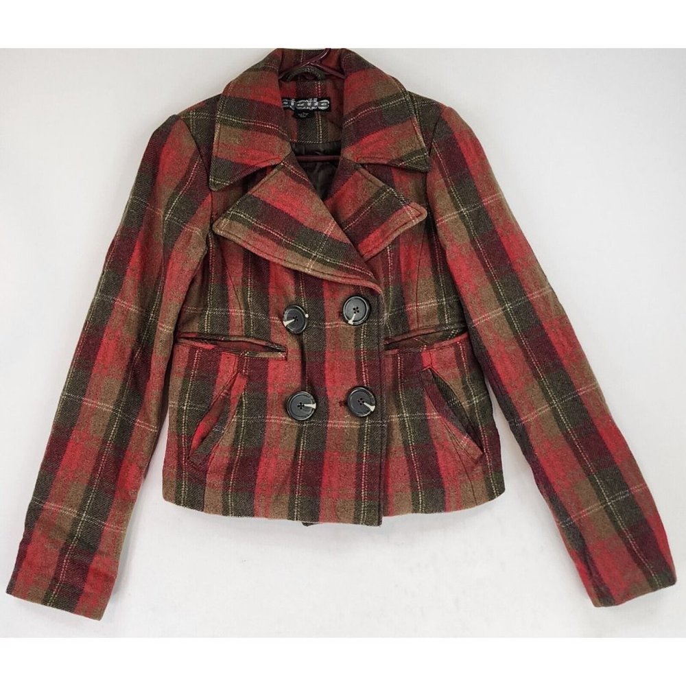 Static Jacket Womens Small Red Plaid Wool Blend Button Up Winter Pea Coat